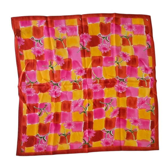 ELAINE GOLD Pink & Yellow Floral Silk Scarf | SZ 21" Sq - Picture 1 of 5